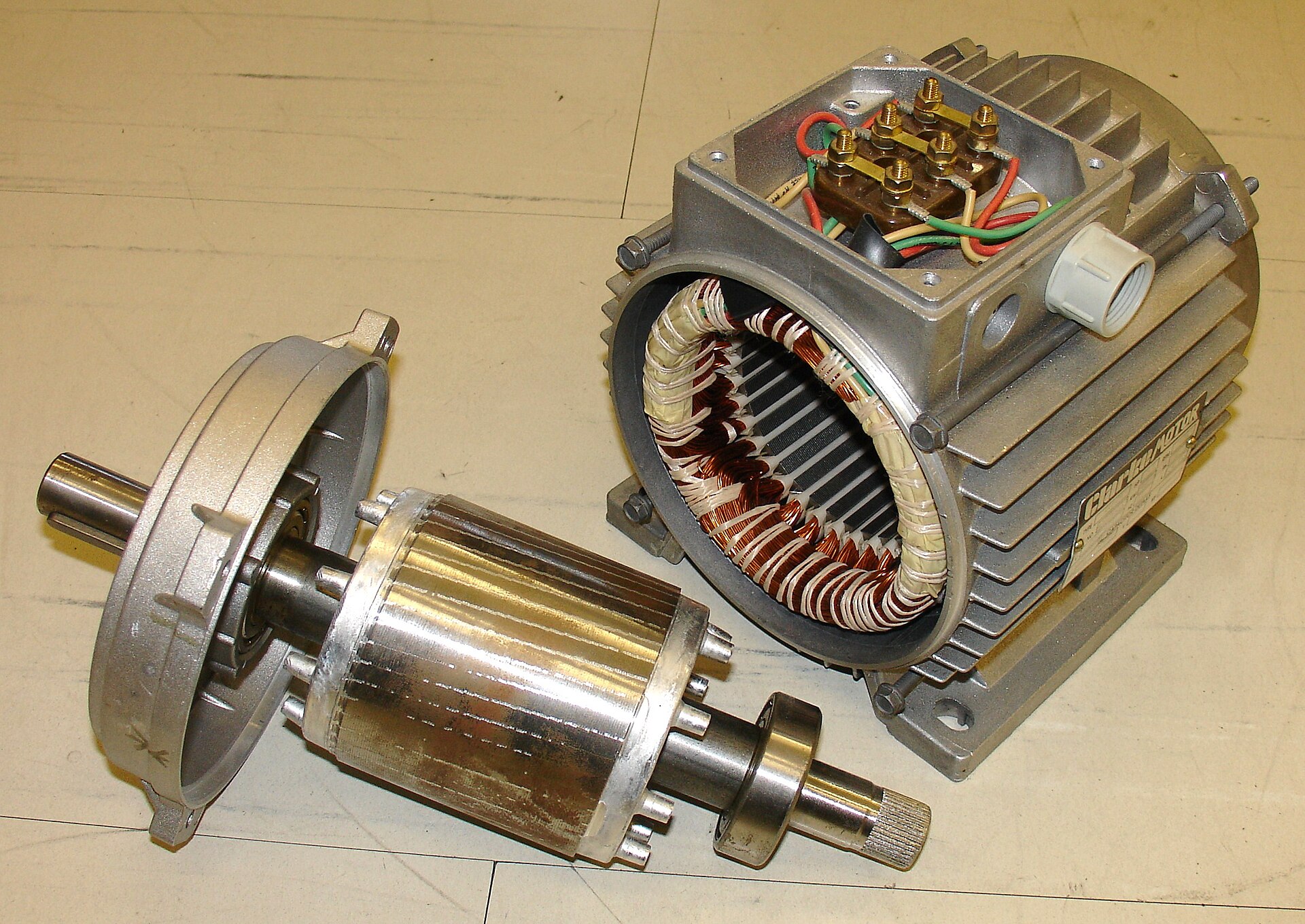 Disassembled three-phase motor with copper stator windings and squirrel-cage rotor